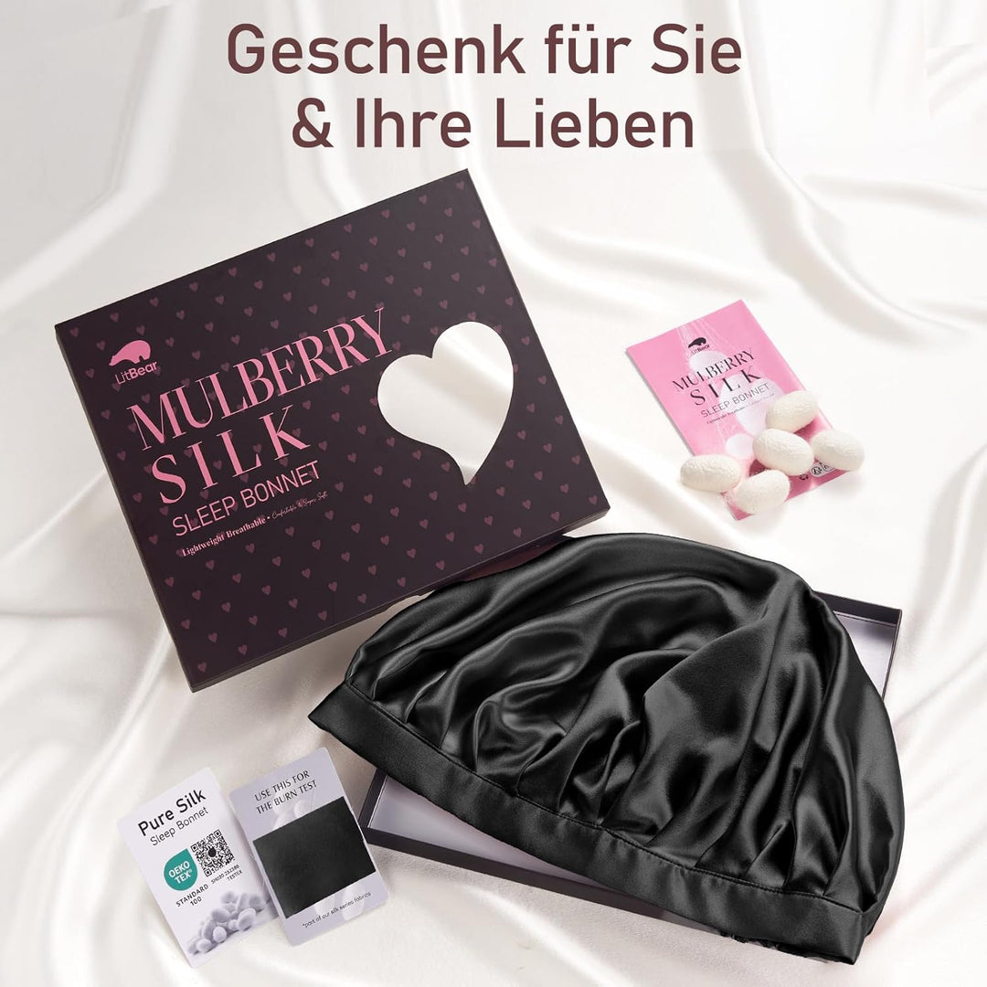 LitBear 22 Momme Seidenhaube zum Schlafen - Schlafmütze aus 100% Maulbeerseide, 100% Silk Bonnet mit