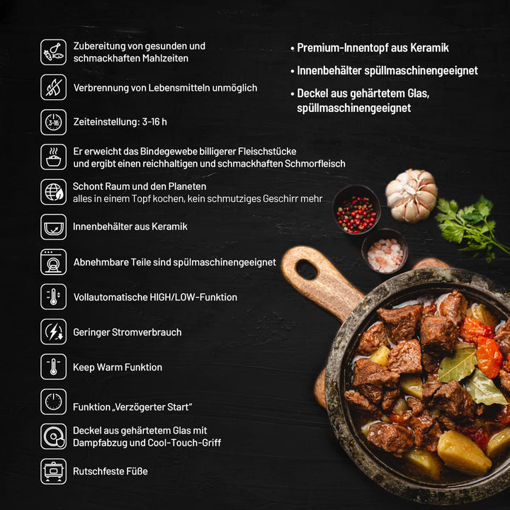 Lauben Slow Cooker 3500SB Schongarer mit Thermeffect®-Technologie, SlowHeat®-Technologie, Kochbuch,