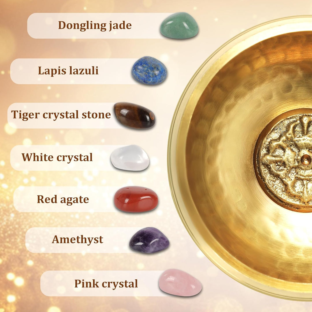 Traditionelle Klangschale 8cm mit 7 Chakra Kristallen, Handgefertigt in Nepal für Meditation und Yog