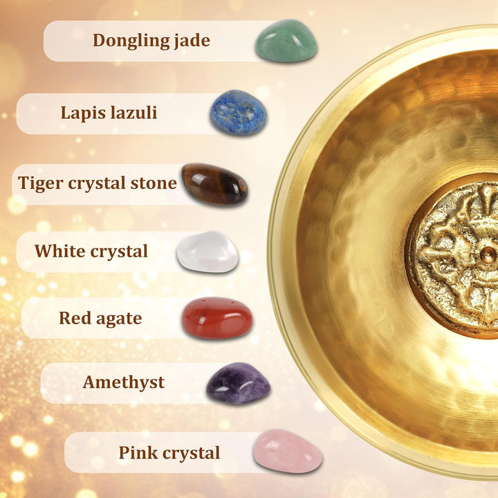 Traditionelle Klangschale 8cm mit 7 Chakra Kristallen, Handgefertigt in Nepal für Meditation und Yog