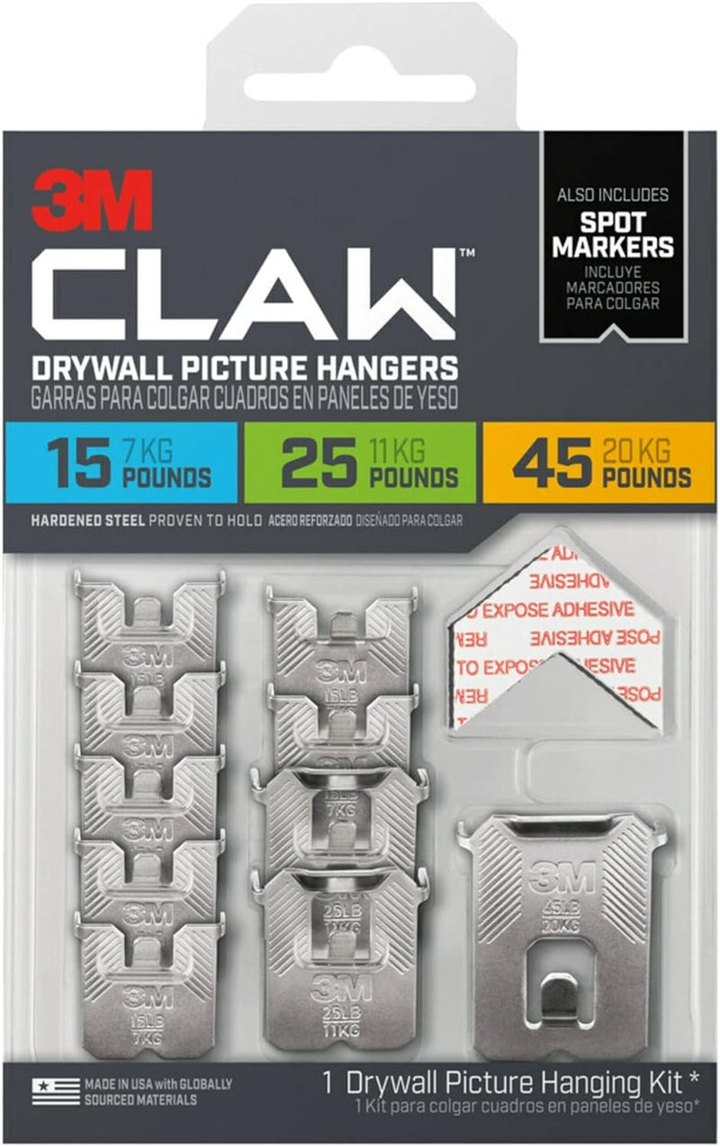 3M Claw Drywall Picture Hanger 15, 25, 45 lb. Variety Pack with Spot Markers / 10 Silber, 15, 25, 45