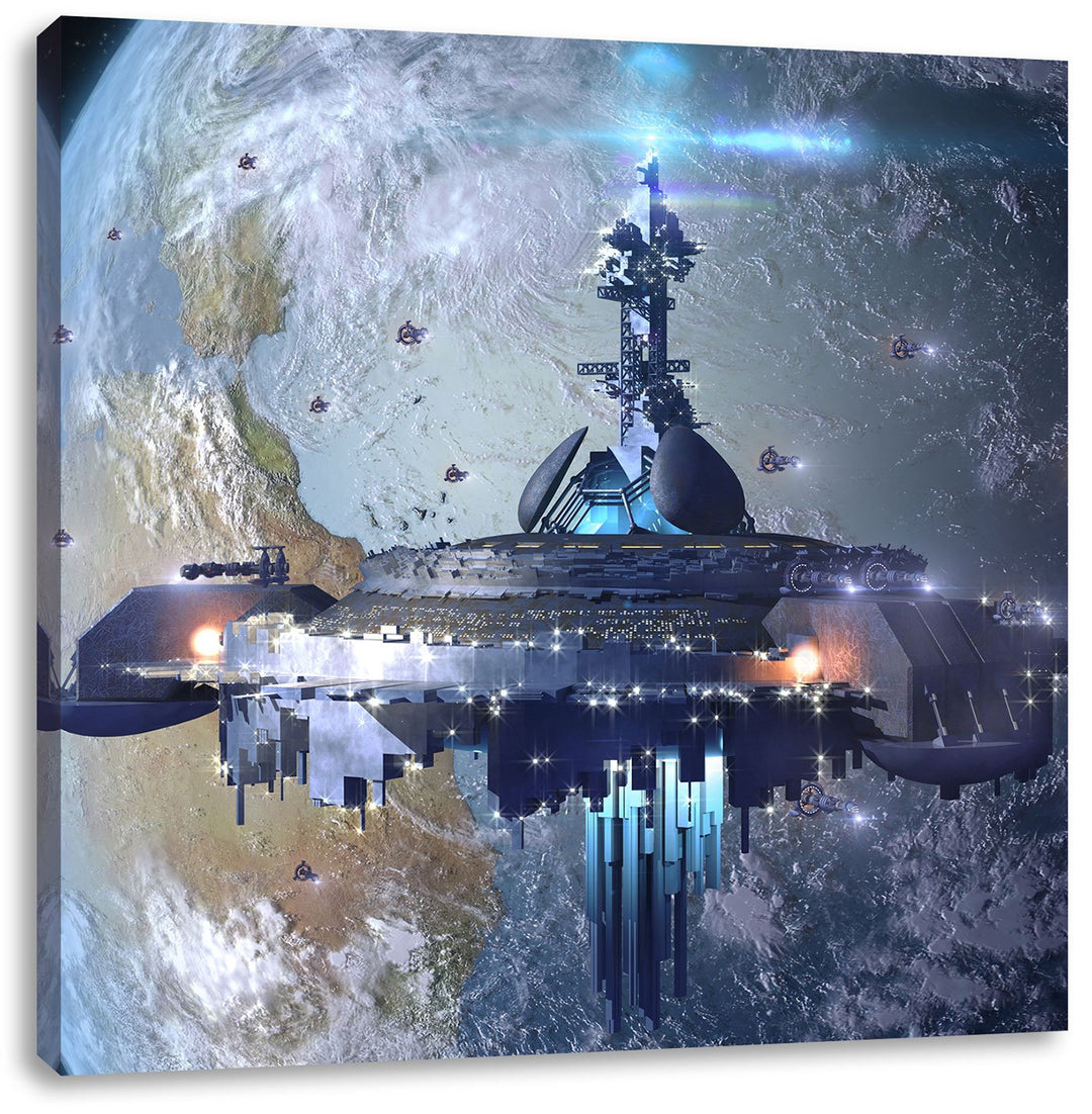 Pixxprint futuristisches Raumschiff vor der Erde, Format: 70x70 auf Leinwand, 70x70