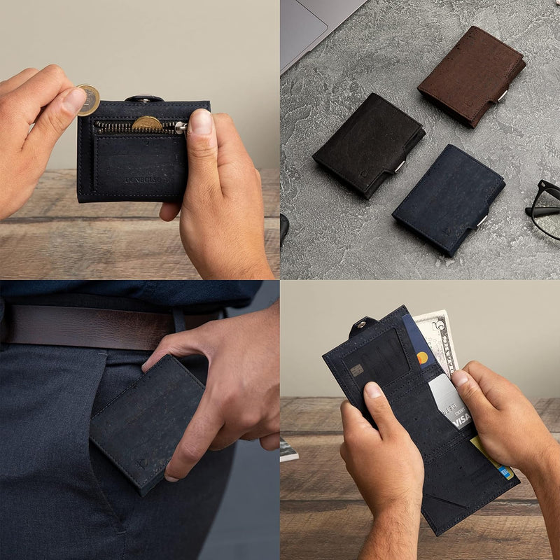 DONBOLSO Geldbörse Korkleder Slim Wallet | Münzfach & RFID Schutz | 11 Karten | Minimalistische Port