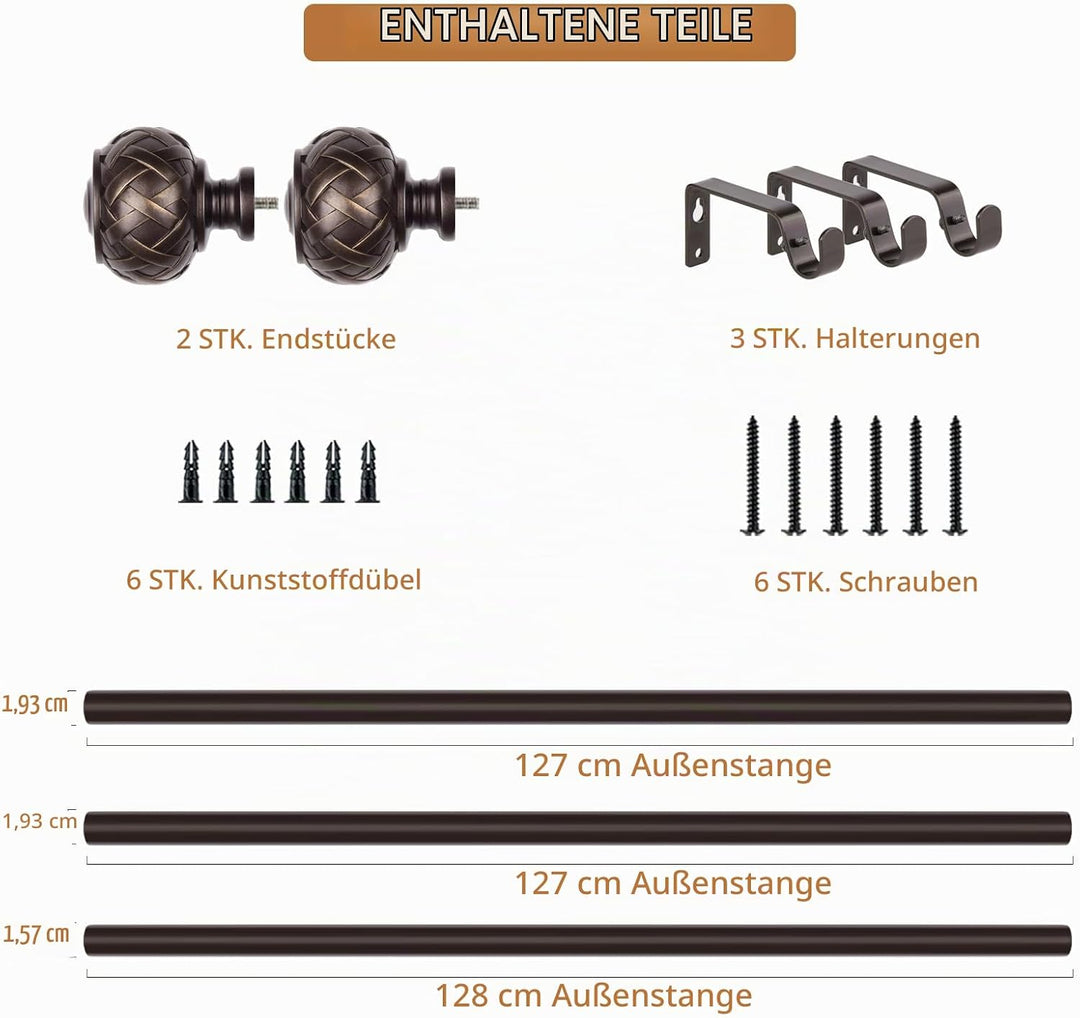 SZXIMU Gardinenstange Ausziehbar Bronze 182-365 cm Vorhangstange mit Rundem Endstück mit Netzstruktu