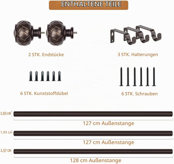SZXIMU Gardinenstange Ausziehbar Bronze 182-365 cm Vorhangstange mit Rundem Endstück mit Netzstruktu
