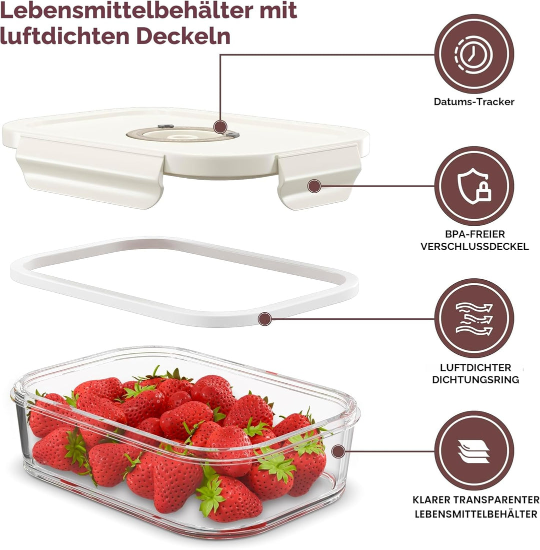 5er-Pack 1040ml Glas-Vakuum-Lebensmittelbehälter mit Datumsanzeige & Pumpe - luftdichte Vakuumbehält