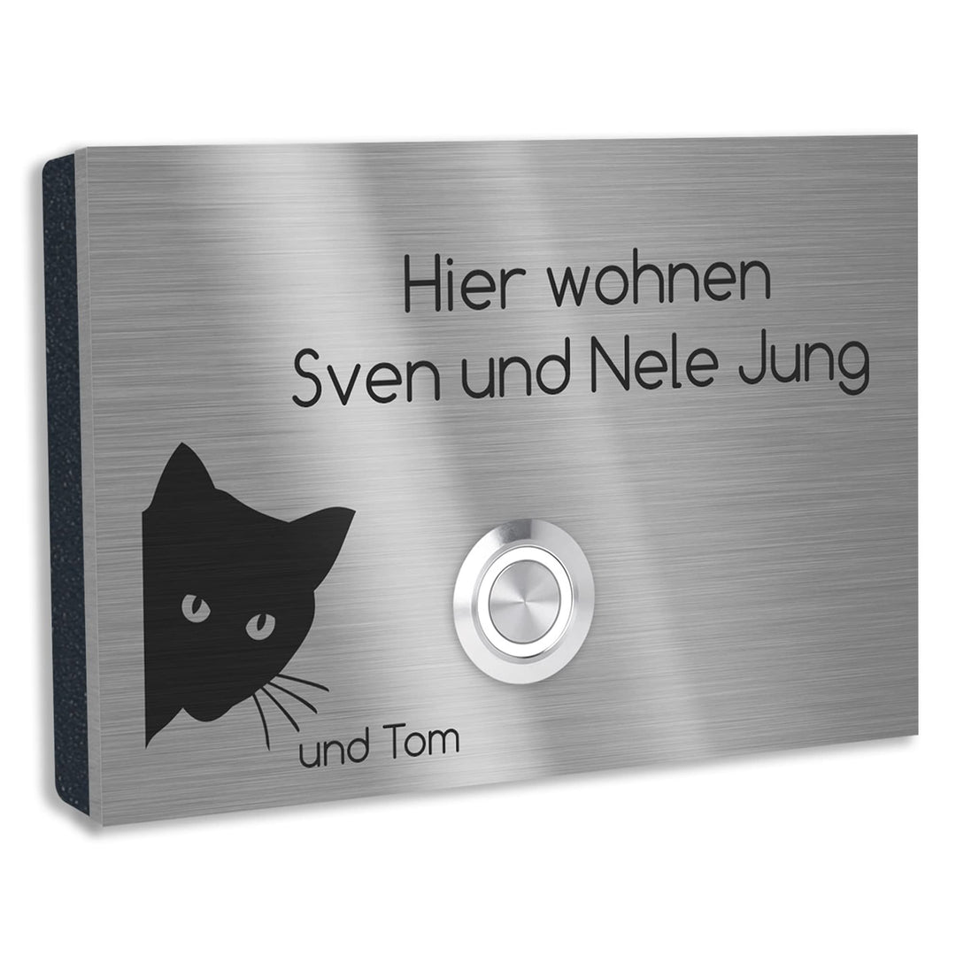 Jung-Edelstahl-Design V2A Edelstahl Türklingel London1 Motiv Katze. Klingelschild mit Gravur 12x8 cm
