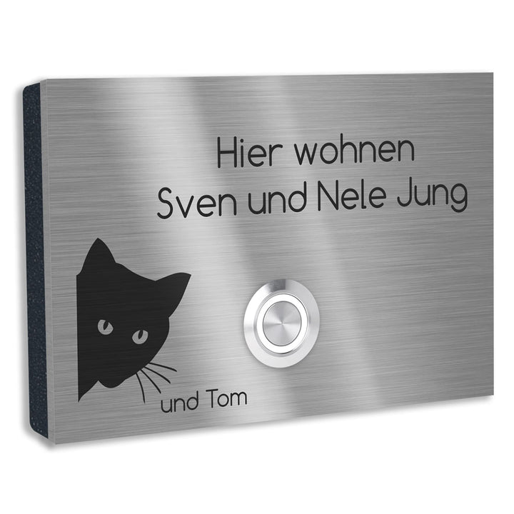 Jung-Edelstahl-Design V2A Edelstahl Türklingel London1 Motiv Katze. Klingelschild mit Gravur 12x8 cm