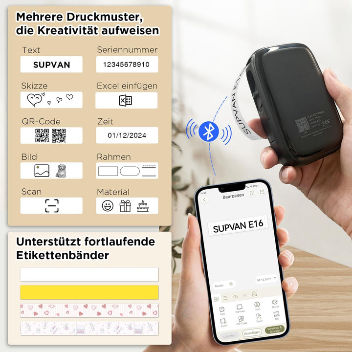 SUPVAN E16 Etikettendrucker Bluetooth mit 15 mm x 6 m wasserdichte Etiketten selbstklebend，für iOS &