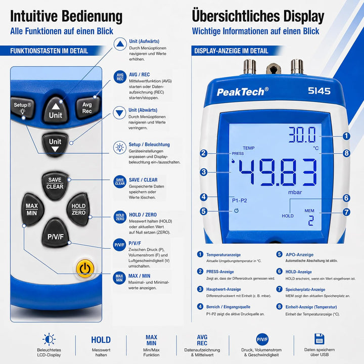 PeakTech P 5145 2 in 1 Differenz-Druckmessgerät und Luftgeschwindigkeitsmesser mit Pitot Rohr, Diffe