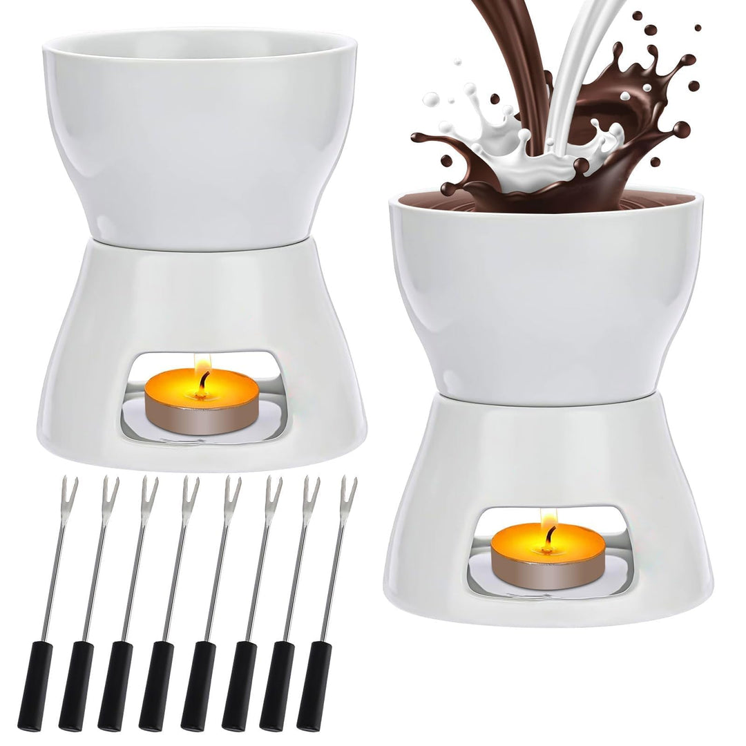 2 Stück Keramik Schokoladen Fondue Set – 400 ml – Fondue Topf mit 8 Edelstahlgabeln – Käse- & Butter