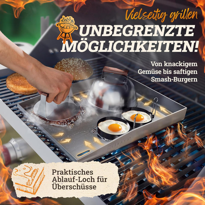[BUNDLE] Plancha Edelstahl Grillplatte [30x40cm] + Burger-Smasher Set – 4x Grillspachtel & Burger Sm