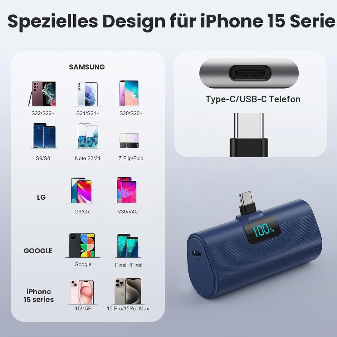Mini Powerbank 5200mAh, Klein Power Bank USB C PD Externer Akku, Compact LCD Digitalanzeige Akkupack