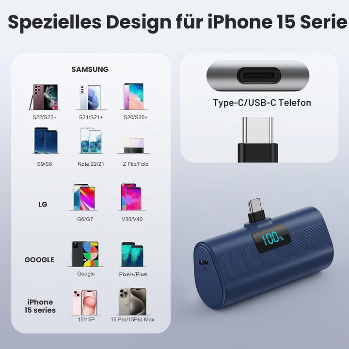 Mini Powerbank 5200mAh, Klein Power Bank USB C PD Externer Akku, Compact LCD Digitalanzeige Akkupack