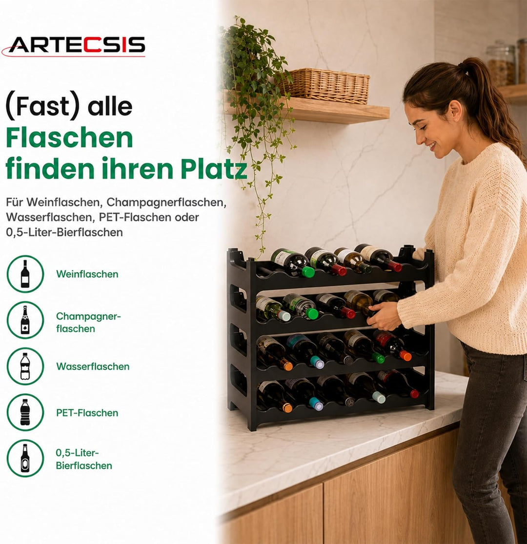 ARTECSIS Weinregal stapelbar Kunststoff für 24 Flaschen, stabiles leichtes Flaschenregal für Keller,
