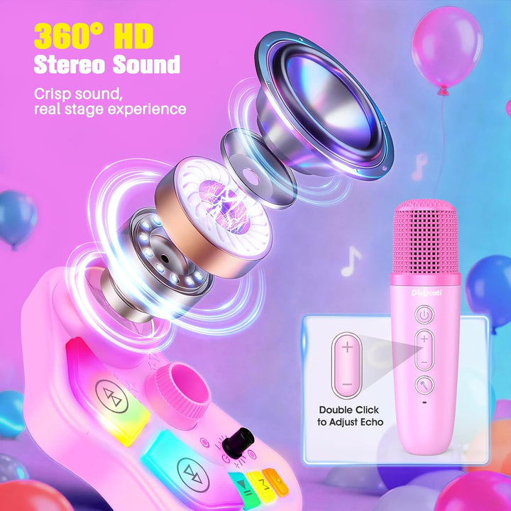 Karaoke Maschine und 2 Mikrofon Kinder mit Verstellbarer Ständer, Geschenk Spielzeug für Mädchen 3-1