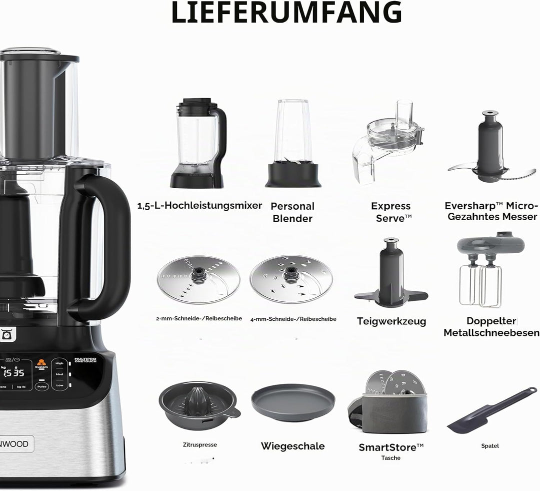 Kenwood MultiPro OneTouch FDM73.850SS – 3-in-1 Kompakt-Küchenmaschine & Mixer, 12 Zubehörteile, 6 Au