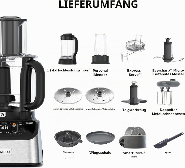 Kenwood MultiPro OneTouch FDM73.850SS – 3-in-1 Kompakt-Küchenmaschine & Mixer, 12 Zubehörteile, 6 Au