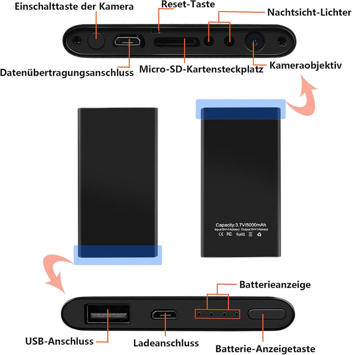 TANGMI Powerbank Kamera 1080P, Schwerkraftsensor, Mini Body Kamera, Loop