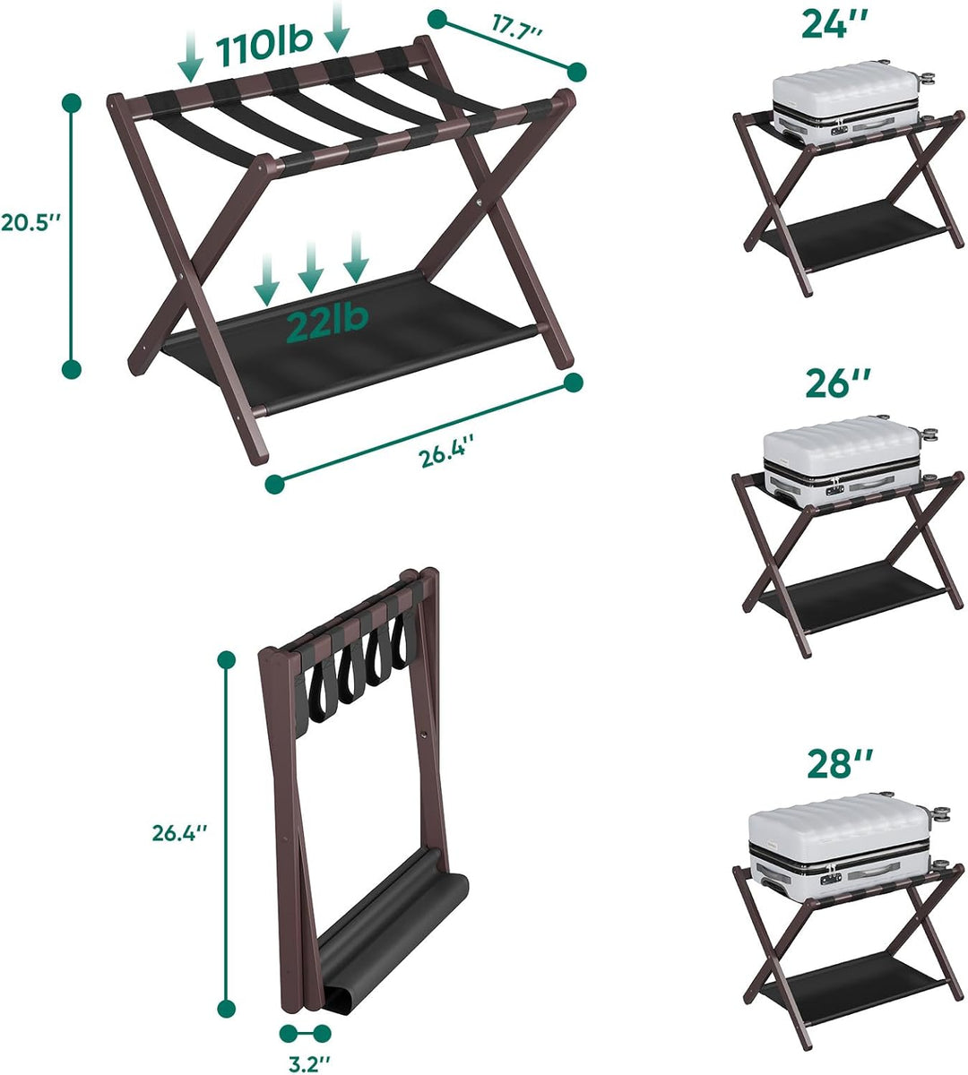 Smuxee Brauner Bambus-Gepäckständer 2er-Pack, Faltbarer Kofferständer mit Ablagefach & 5 Nylon-Gurte