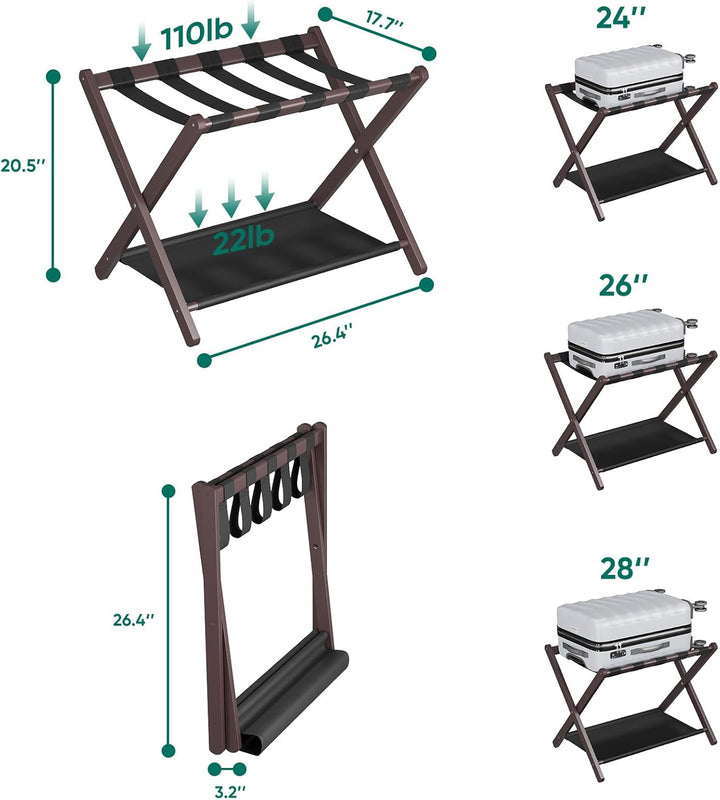 Smuxee Brauner Bambus-Gepäckständer 2er-Pack, Faltbarer Kofferständer mit Ablagefach & 5 Nylon-Gurte