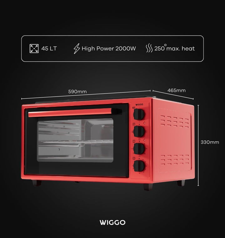 Wiggo Miniofen mit Kochplatte - 2000W, 45 Liter, Vielseitige 6-in-1 Funktionen: Ober-/Unterhitze, Um