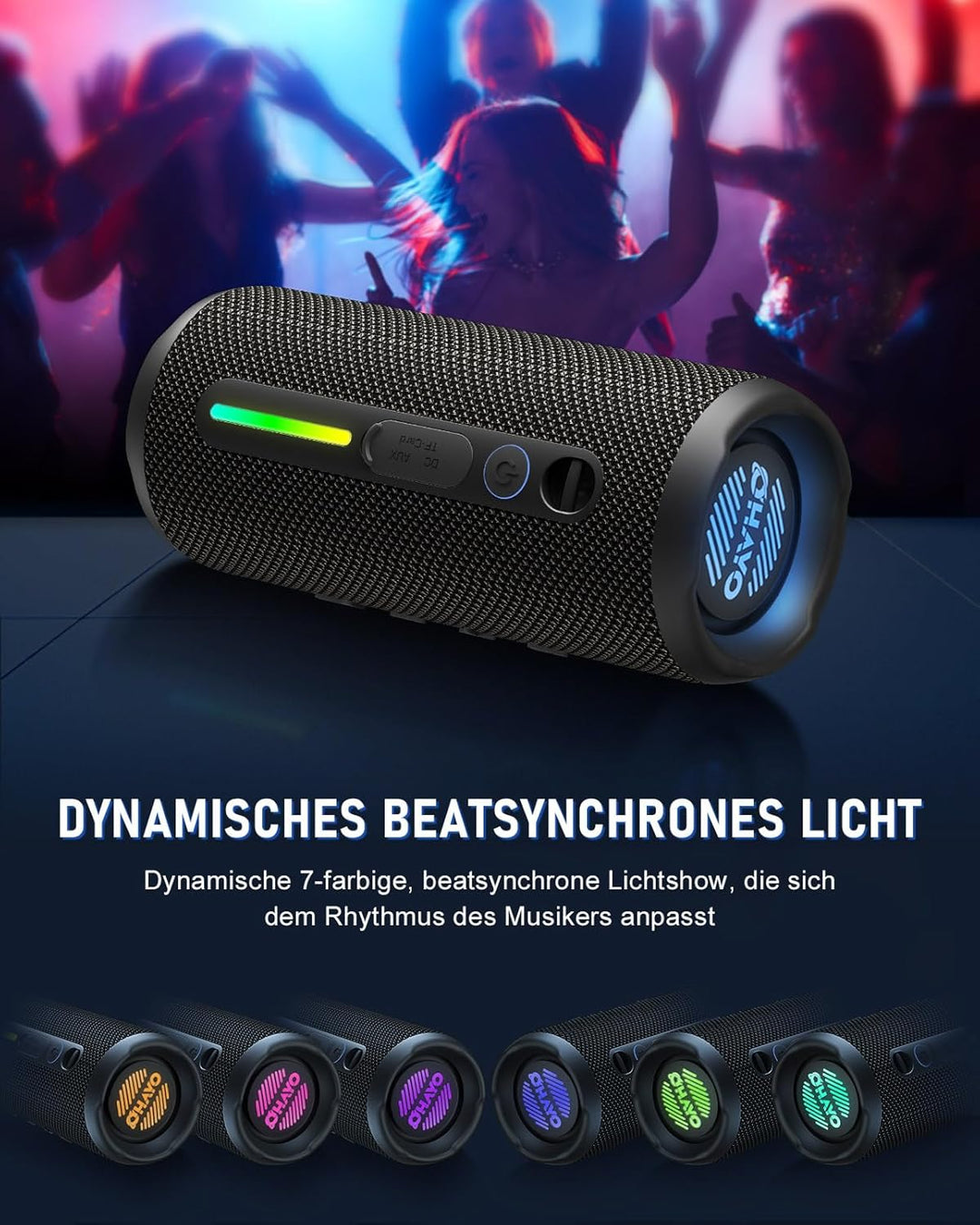 OHAYO Bluetooth Lautsprecher, Bluetooth Box mit RGB Licht, Musikbox mit Bluetooth 5.3, 3 Licht Modi,