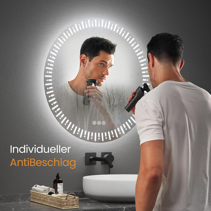 EMKE Spiegel mit Beleuchtung Rund 50cm LED Badspiegel mit Beleuchtung Touch-Schalter, Dimmbar 3 Lich