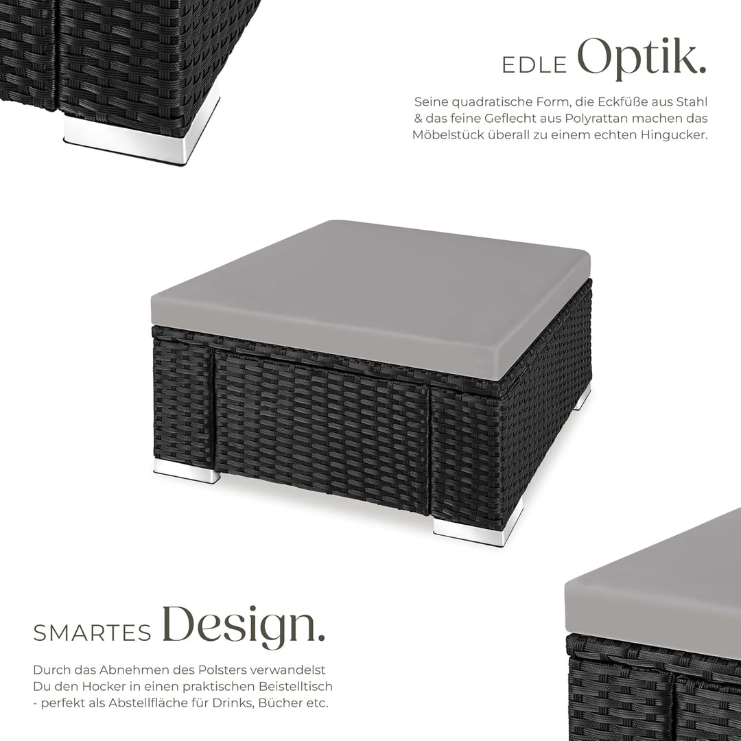tectake® witterungsbeständiger Outdoor Rattan Hocker mit abnehmbarem Kissen, Lounge Hocker, Balkon M