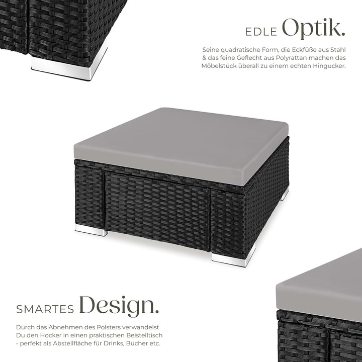 tectake® witterungsbeständiger Outdoor Rattan Hocker mit abnehmbarem Kissen, Lounge Hocker, Balkon M