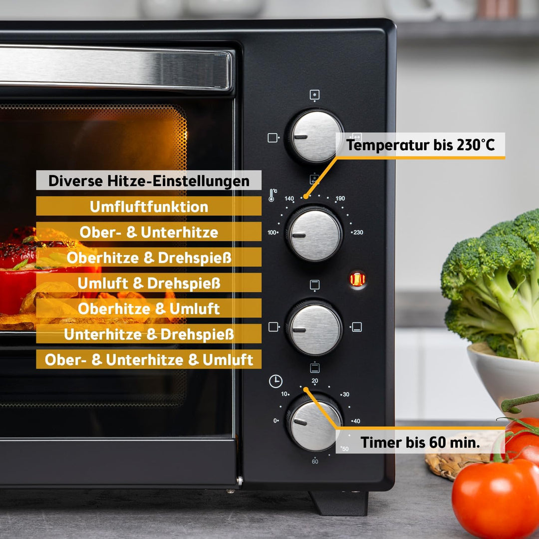 TZS First Austria Minibackofen, 2000 Watt, 45L, mit Innenbeleuchtung, Umluft-Funktion, Drehspiess fü
