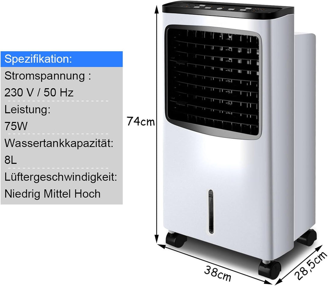 COSTWAY Mobile Klimaanlage ohne Abluftschlauch,8 L Wassertank, 3 Modi | 3 in 1 Luftkühler Ventilator