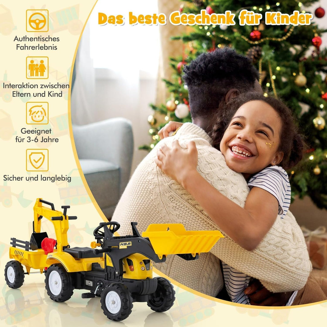 DREAMADE Trettraktor, Kindertraktor mit Anhänger &amp; Schaufel &amp; Frontlader, Kinderbagger Sitzbagger mi