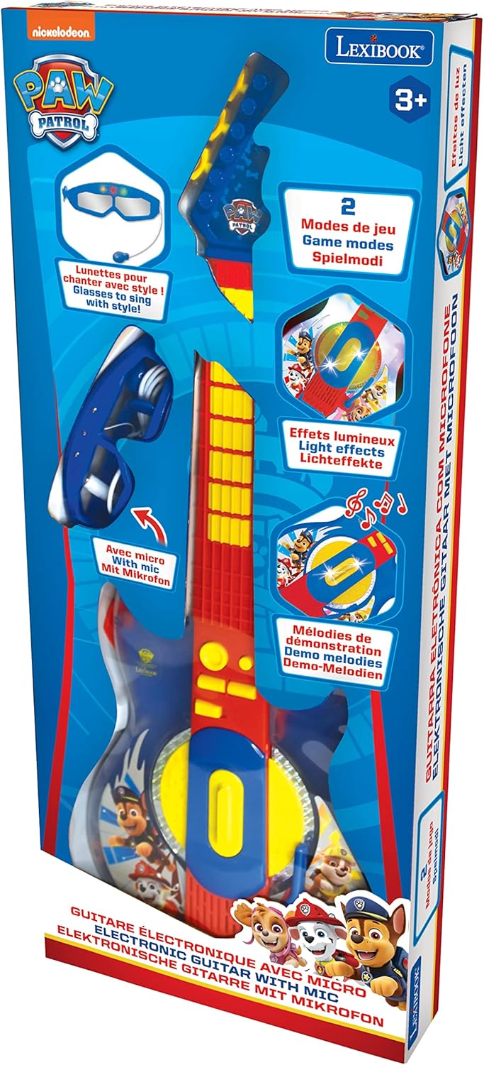 Lexibook, Paw Patrol, Leuchtende elektronische Gitarre mit Mikrofon, Brille mit Mikrofon, Melodien,