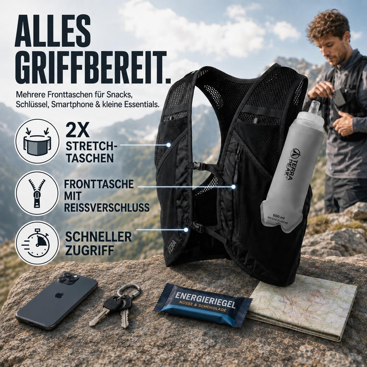 Terra Peak® VENA Laufweste 500ml Trinkflasche - Trinkweste Trinkrucksack Laufen Damen Herren S/M Sch