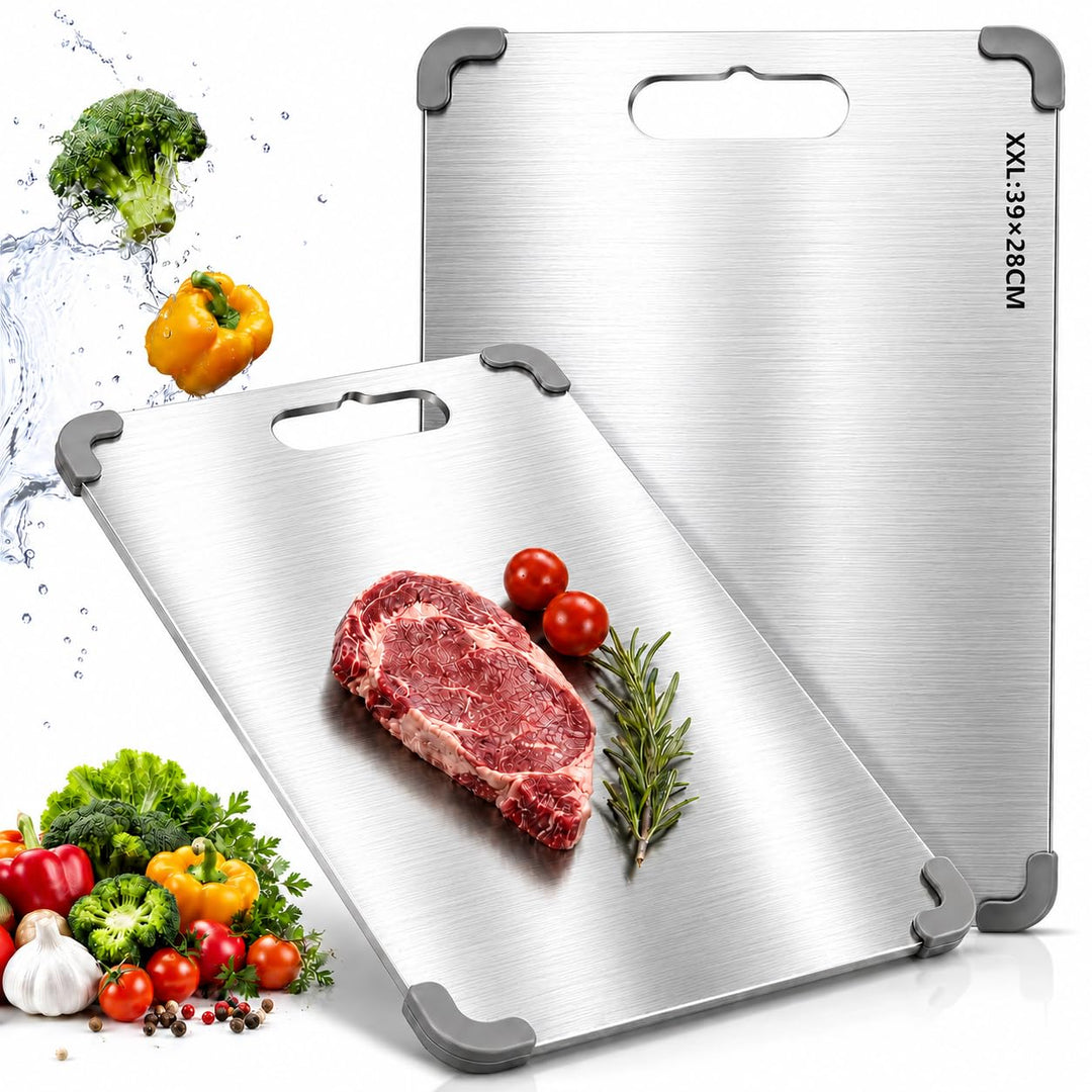 Schneidebrett Edelstahl Gross 39×28 cm - 1,5 mm Extra Dick Rutschfest mit Silikonrand, Messer-schone