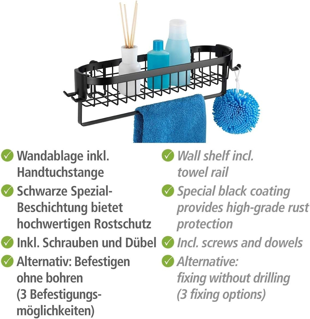 WENKO Wandablage mit Haken Classic Plus Black, Stahl, 35 x 10.5 x 12.5 cm, Schwarz Uno mit Haken Sin