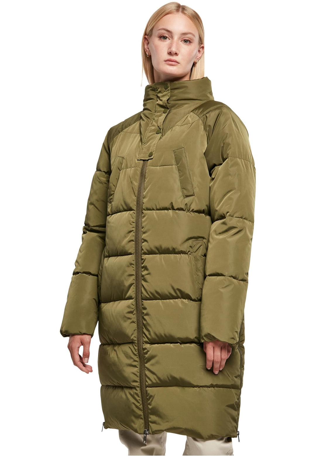Urban Classics Damen Ladies High Neck Puffer Coat Jacke XS Olive, XS Olive