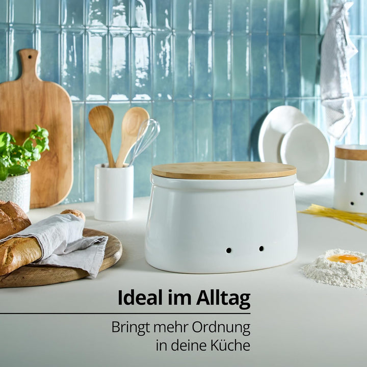 KHG Brotkasten Weiss Keramik Steingut Holzdeckel Bambus, Aufbewahrung Brot oval, Deckel als Schneide