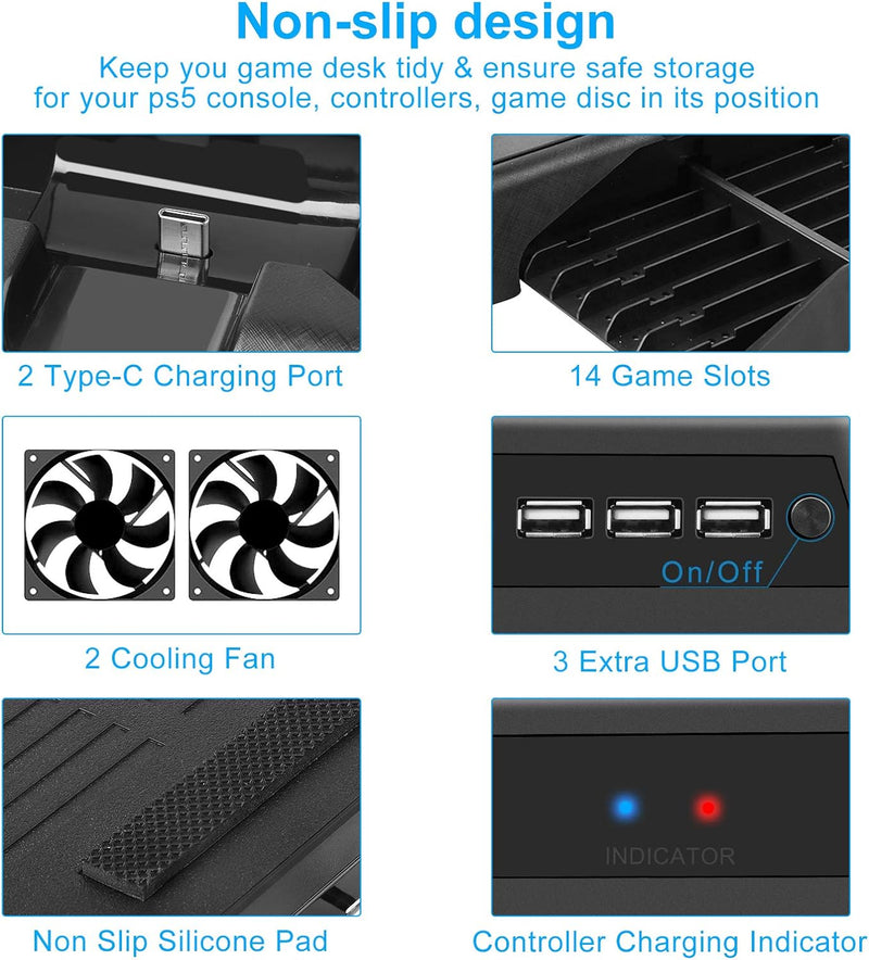 EEEKit Vertikal Ständer für PS5 mit Lüfter Dualsense Controller Ladestation Standfuss mit 14 Versenk