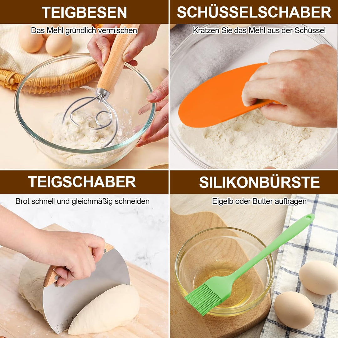 Komplettes Gärkörbchen Sauerteig Starter Set, 2 Gärkorb (25cm Ovale & 23cm Runde), 900ML Sauerteig G