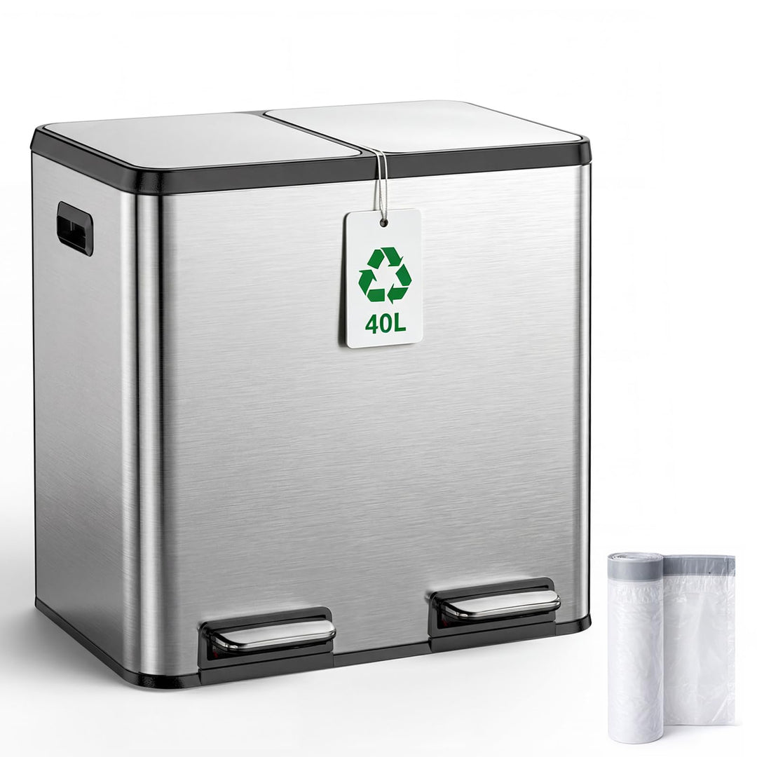 YEAUPE PRO Mülleimer Küche 40L (2x20L), Edelstahl Treteimer mit Fusspedal,Doppel Mülltrennung,Heraus
