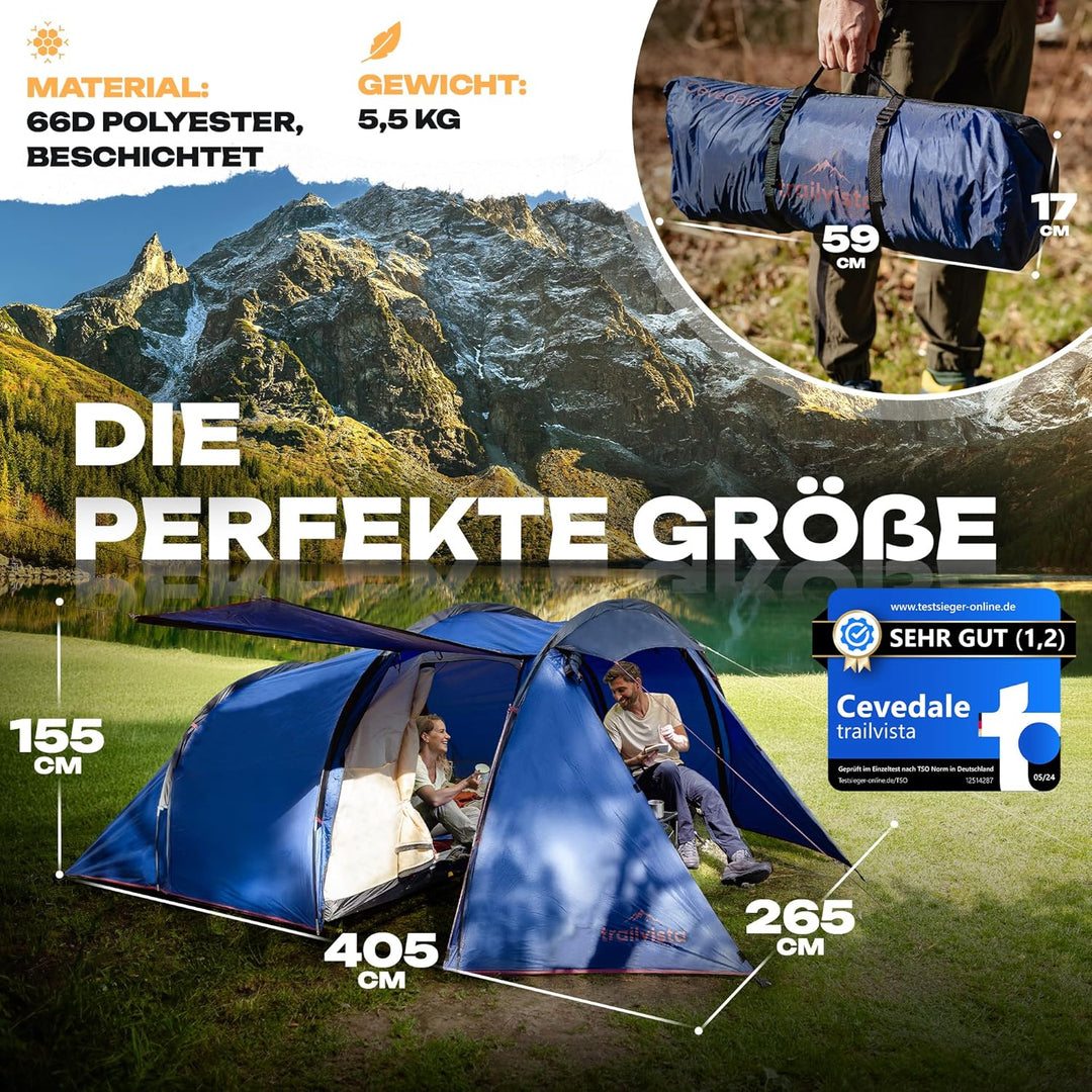 Cevedale Zelt 4 Personen Wasserdicht, leicht, kompakt & schnell aufbaubare Zelte, Camping Zelt mit V