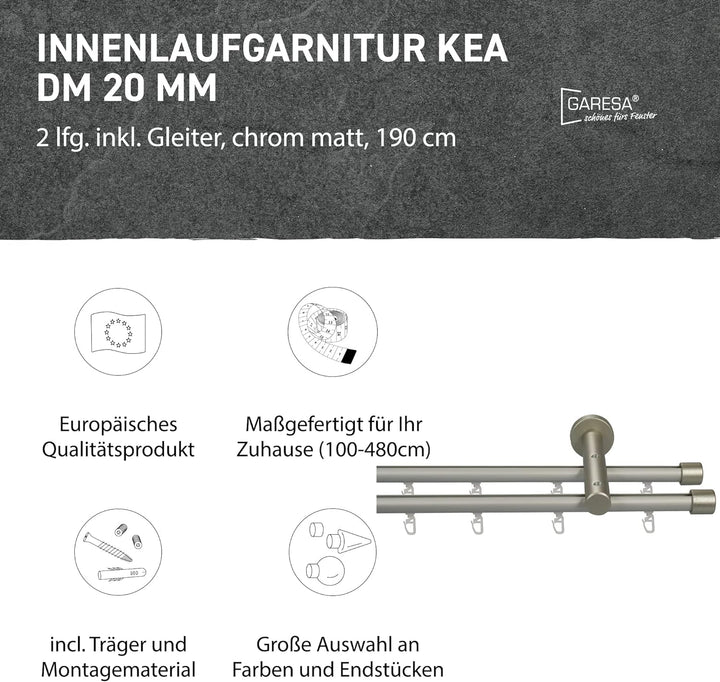 Garesa Gardinenstange Kea Ø 20mm, 2-läufig, Chrom, matt I Aluminium Vorhangstange inkl. Gleiter I En