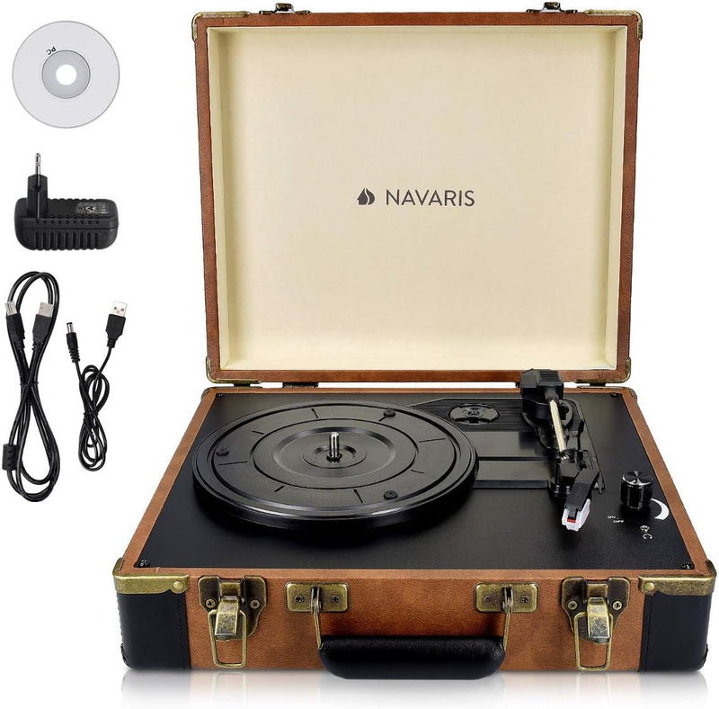 Navaris Retro Koffer Plattenspieler mit Lautsprecher - USB Port zum Digitalisieren - 35,5x11,5x27,5c