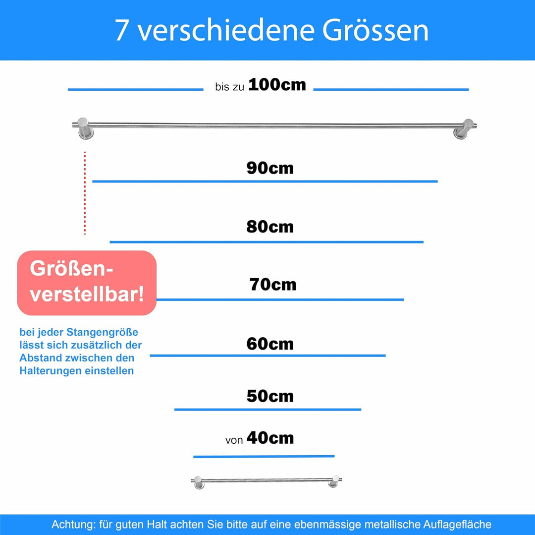 Edelstahl Handtuchhalter mit Magnethalterung – 7 Längen 40–100 cm – Ohne Bohren, extra Starke Neodym