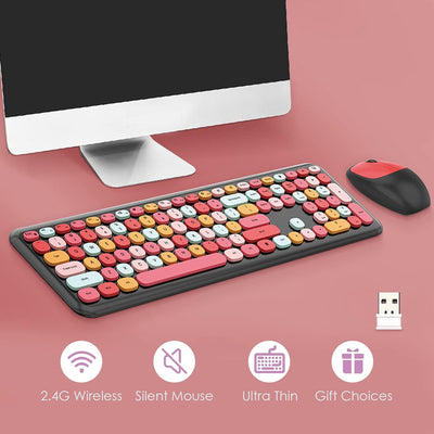 Kabellose 2,4-G-Tastatur und Maus-Kombination, Bunte Runde Tastenkappen, Niedliche ästhetische Tasta