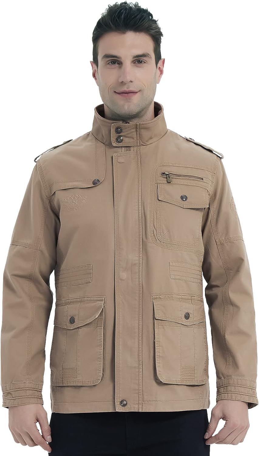 MERCIYD Herren Übergangsjacke Cargo Jacke Männer Stehkragen Baumwolle Jacke Multi Taschen Armeejacke