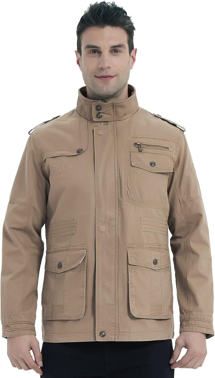 MERCIYD Herren Übergangsjacke Cargo Jacke Männer Stehkragen Baumwolle Jacke Multi Taschen Armeejacke