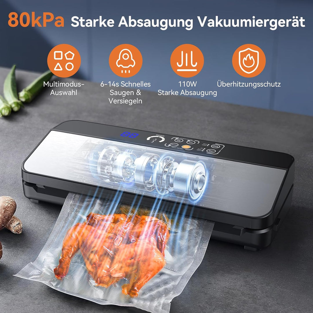 Vakuumiergerät, 8-in-1 Vakuumierer 80 KPA Lebensmittel Trocken-/Feuchtmodus mit eingebautem Cutter u